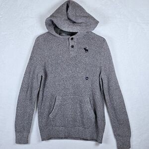 Abercrombie Kids Gray Marl Knit Hooded Henley Sweater Sz 13/14 Embroidered Logo